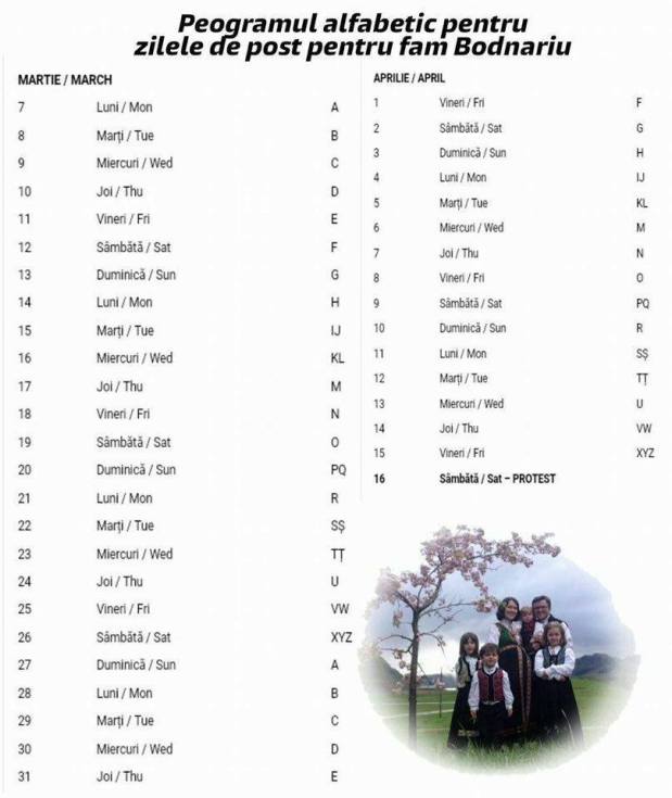 Programul alfabetic pentru zilele de post si rugaciune pentru familia&nbsp;#Bodnariu.